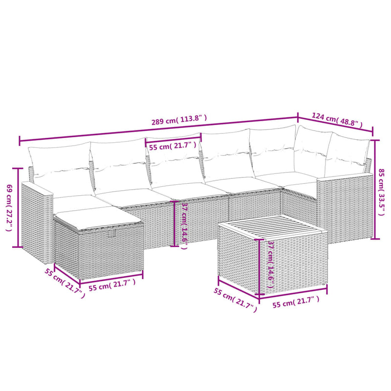 vidaXL 8 Piece Garden Sofa Set with Cushions Grey Poly Rattan