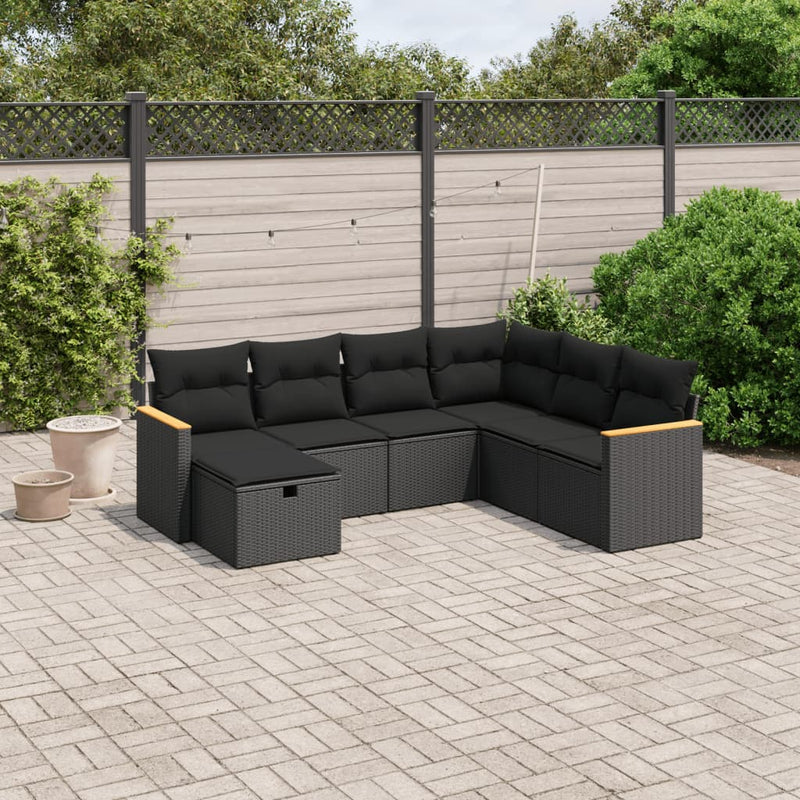 vidaXL 7 Piece Garden Sofa Set with Cushions Black Poly Rattan