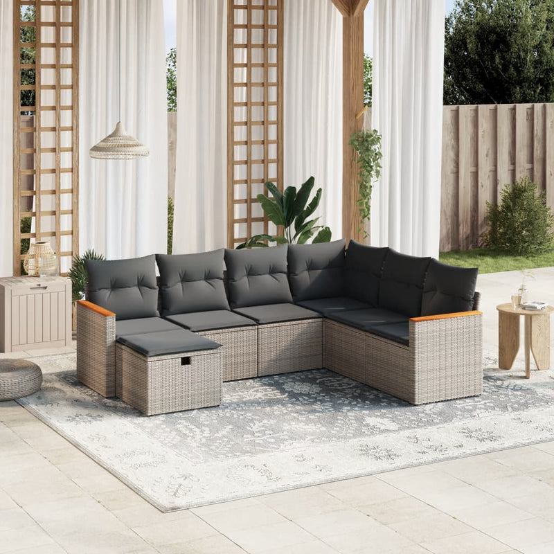 vidaXL 7 Piece Garden Sofa Set with Cushions Grey Poly Rattan