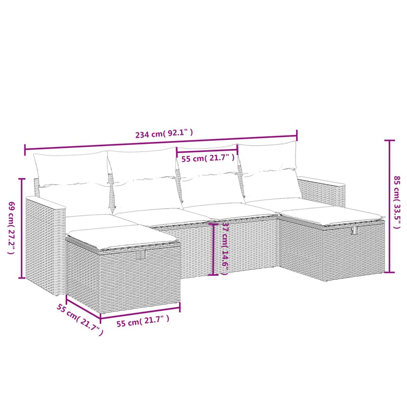 vidaXL 6 Piece Garden Sofa Set with Cushions Grey Poly Rattan