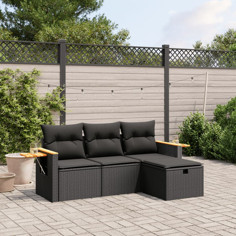vidaXL 4 Piece Garden Sofa Set with Cushions Black Poly Rattan