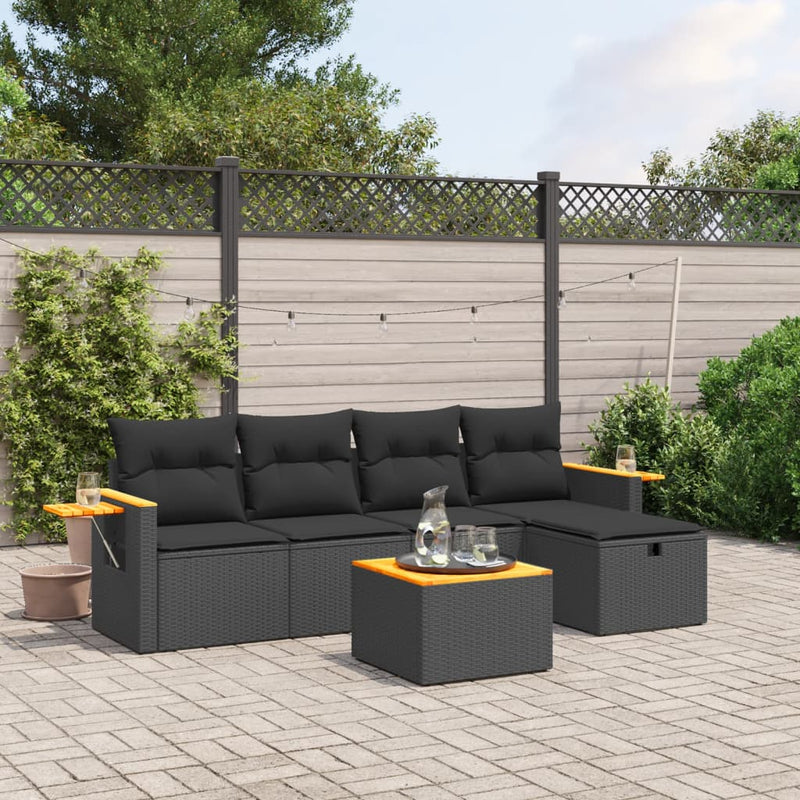 vidaXL 6 Piece Garden Sofa Set with Cushions Black Poly Rattan