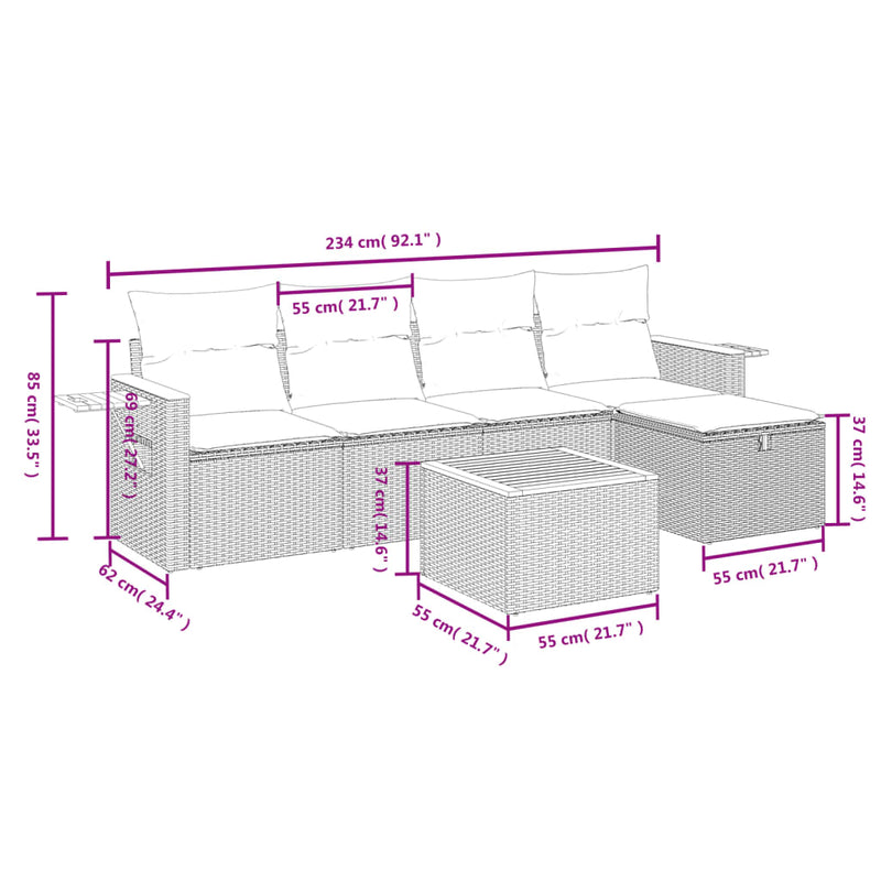 vidaXL 6 Piece Garden Sofa Set with Cushions Grey Poly Rattan