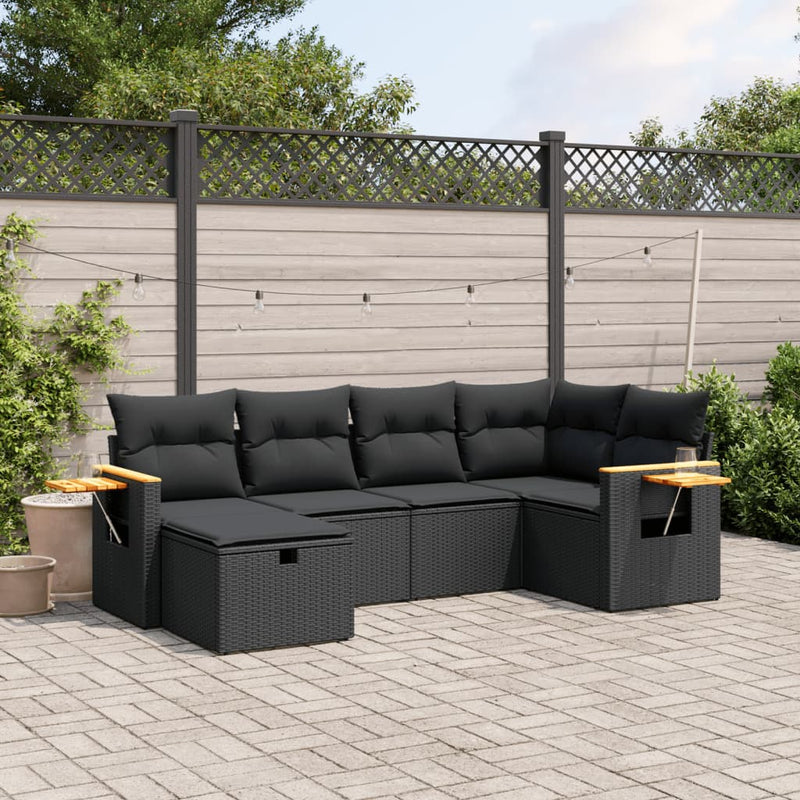 vidaXL 6 Piece Garden Sofa Set with Cushions Black Poly Rattan
