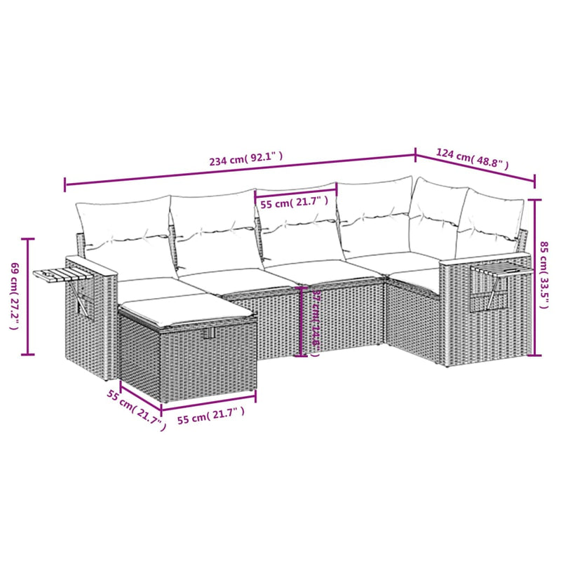 6 Piece Garden Sofa Set with Cushions Grey Poly Rattan