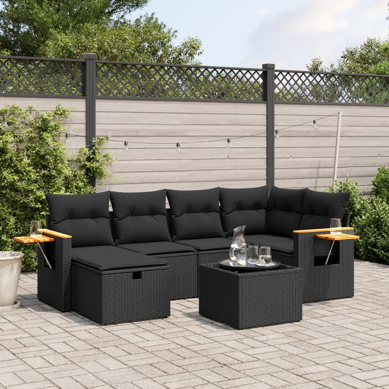 vidaXL 7 Piece Garden Sofa Set with Cushions Black Poly Rattan