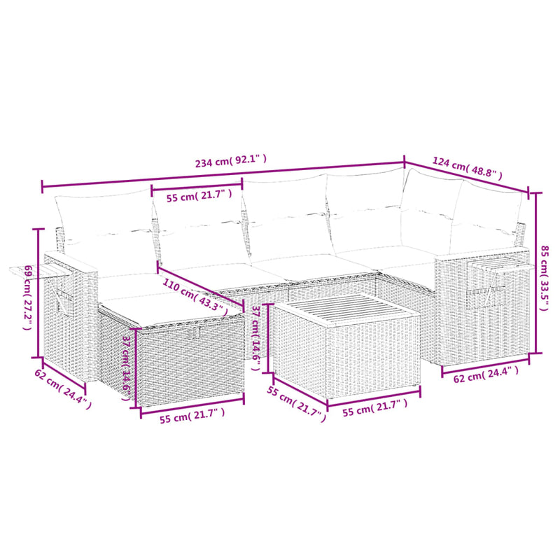 7 Piece Garden Sofa Set with Cushions Grey Poly Rattan