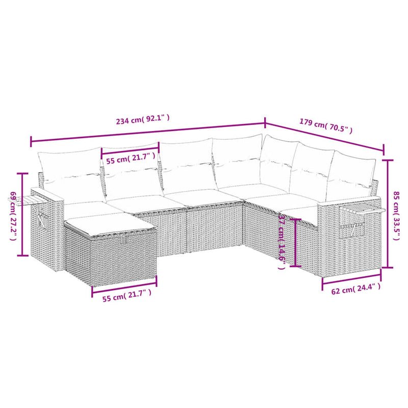 7 Piece Garden Sofa Set with Cushions Grey Poly Rattan