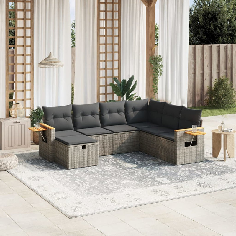 7 Piece Garden Sofa Set with Cushions Grey Poly Rattan