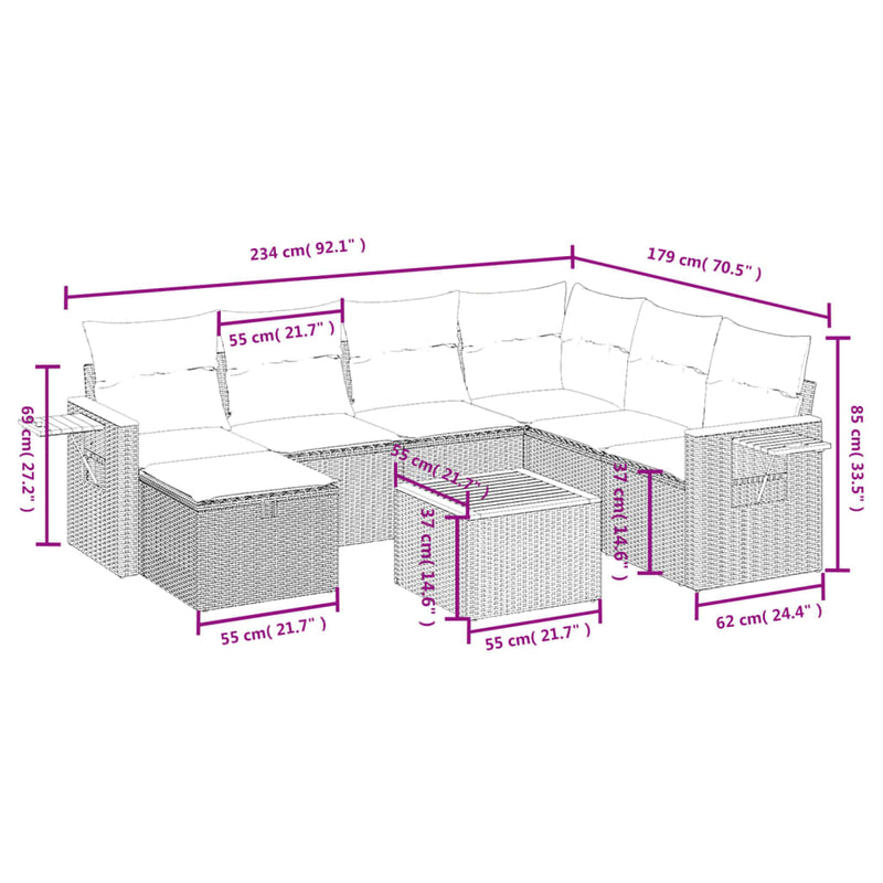 vidaXL 8 Piece Garden Sofa Set with Cushions Grey Poly Rattan