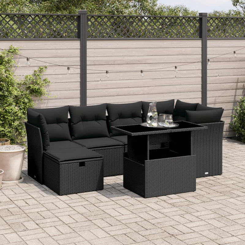 vidaXL 7 Piece Garden Sofa Set with Cushions Black Poly Rattan