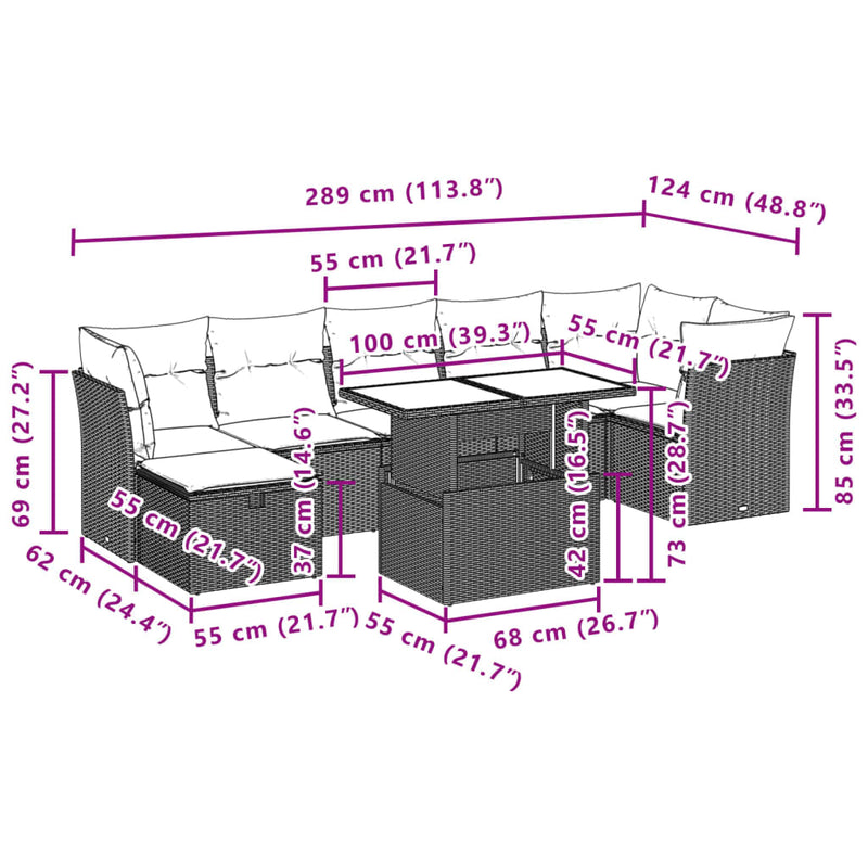 vidaXL 8 Piece Garden Sofa Set with Cushions Grey Poly Rattan