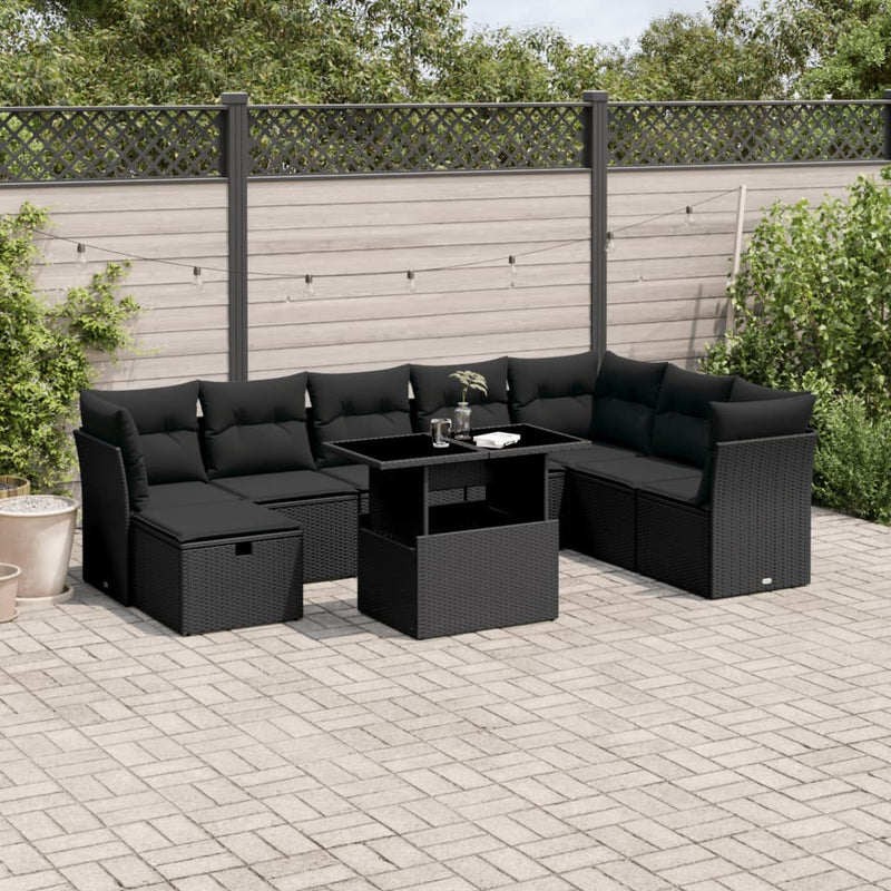 vidaXL 9 Piece Garden Sofa Set with Cushions Black Poly Rattan