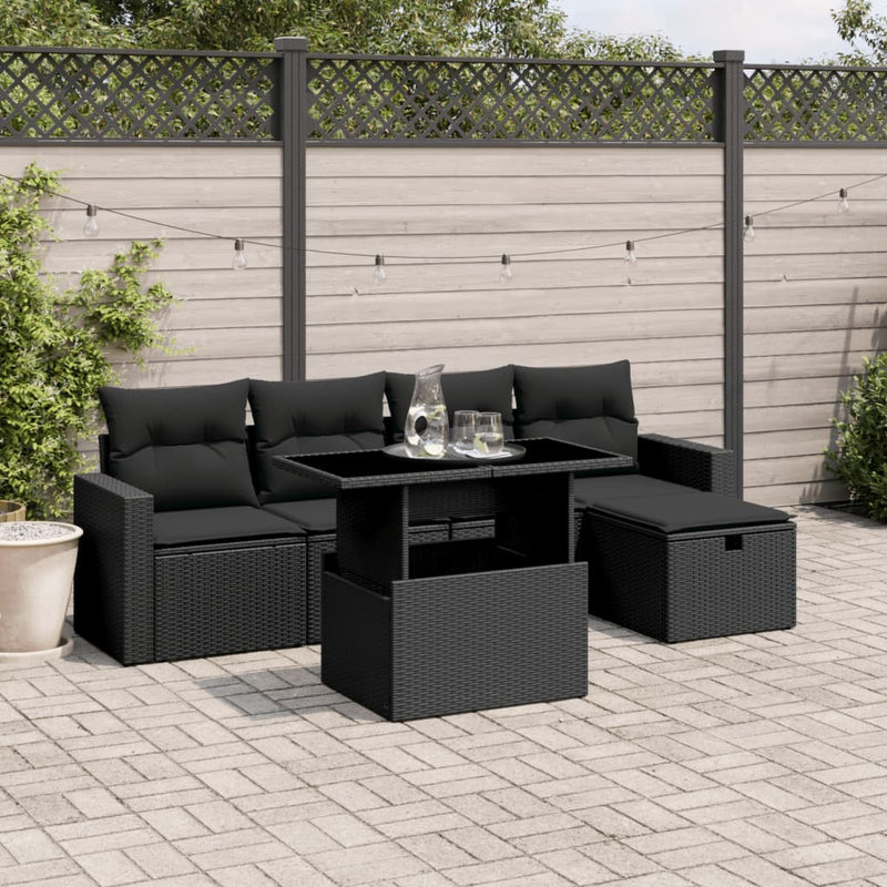 vidaXL 6 Piece Garden Sofa Set with Cushions Black Poly Rattan