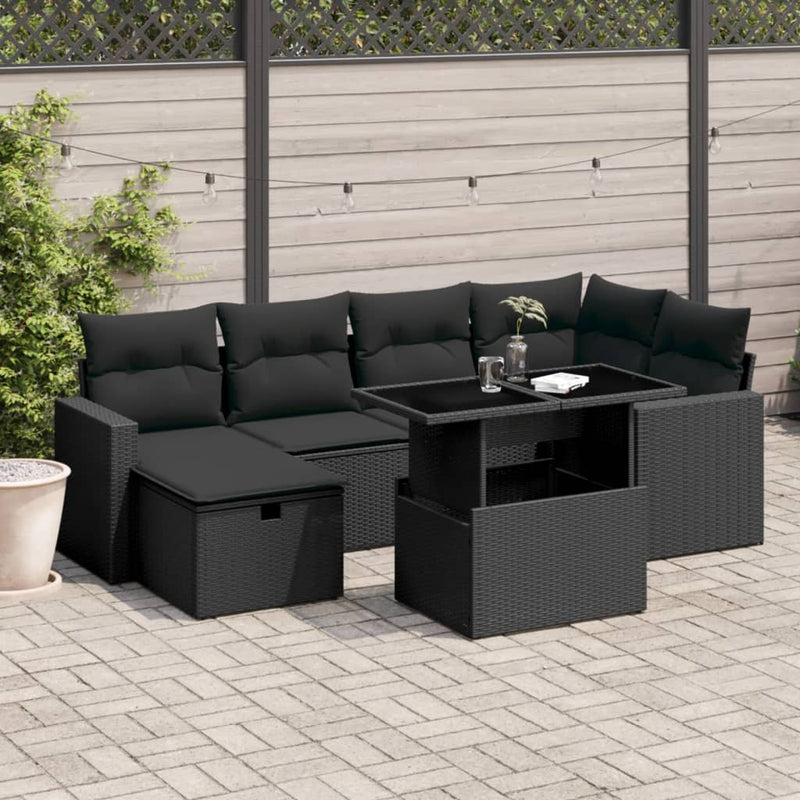 vidaXL 7 Piece Garden Sofa Set with Cushions Black Poly Rattan