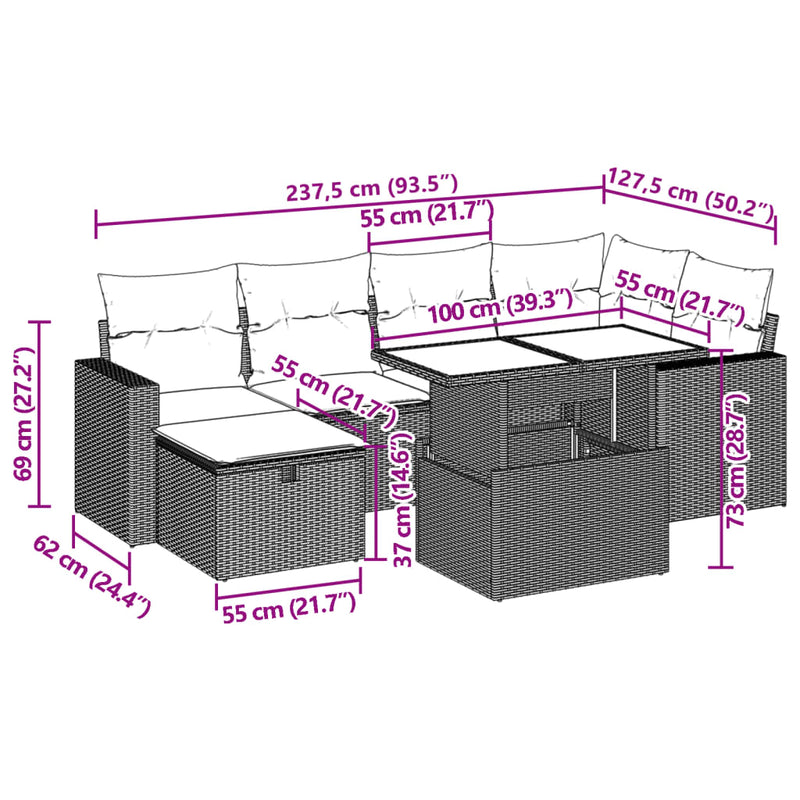 vidaXL 7 Piece Garden Sofa Set with Cushions Black Poly Rattan