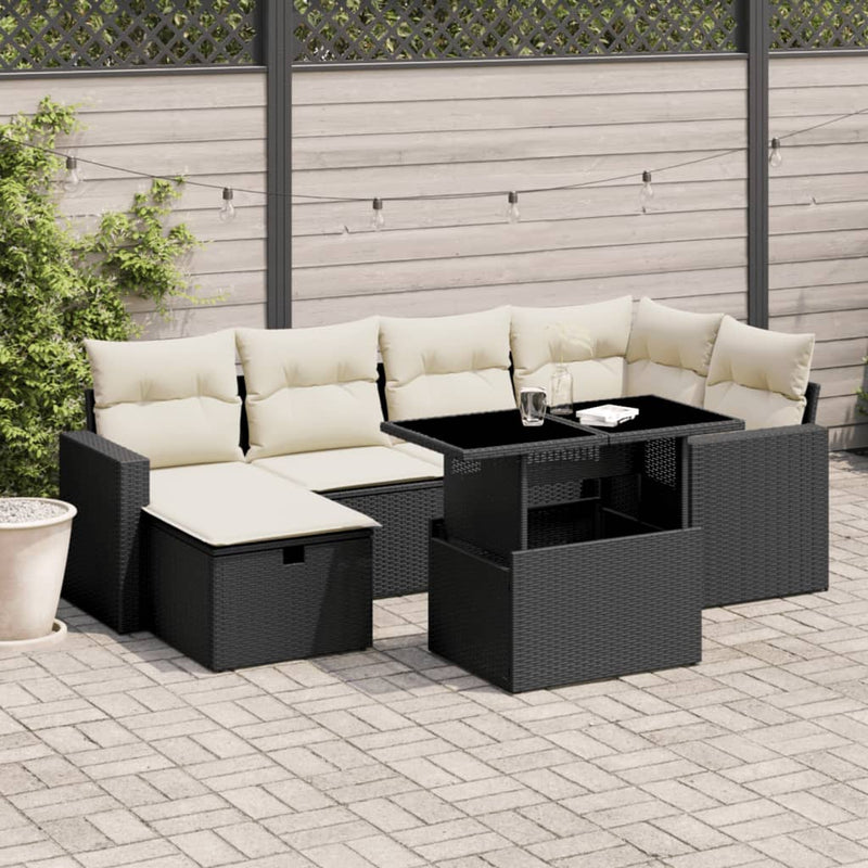 vidaXL 7 Piece Garden Sofa Set with Cushions Black Poly Rattan