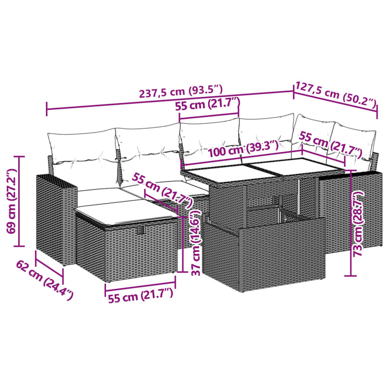 vidaXL 7 Piece Garden Sofa Set with Cushions Grey Poly Rattan