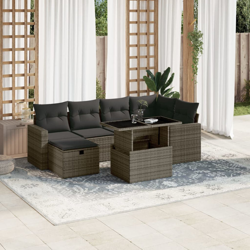vidaXL 7 Piece Garden Sofa Set with Cushions Grey Poly Rattan