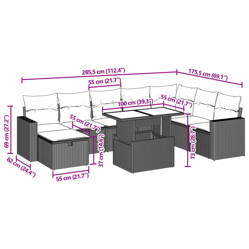 vidaXL 9 Piece Garden Sofa Set with Cushions Black Poly Rattan