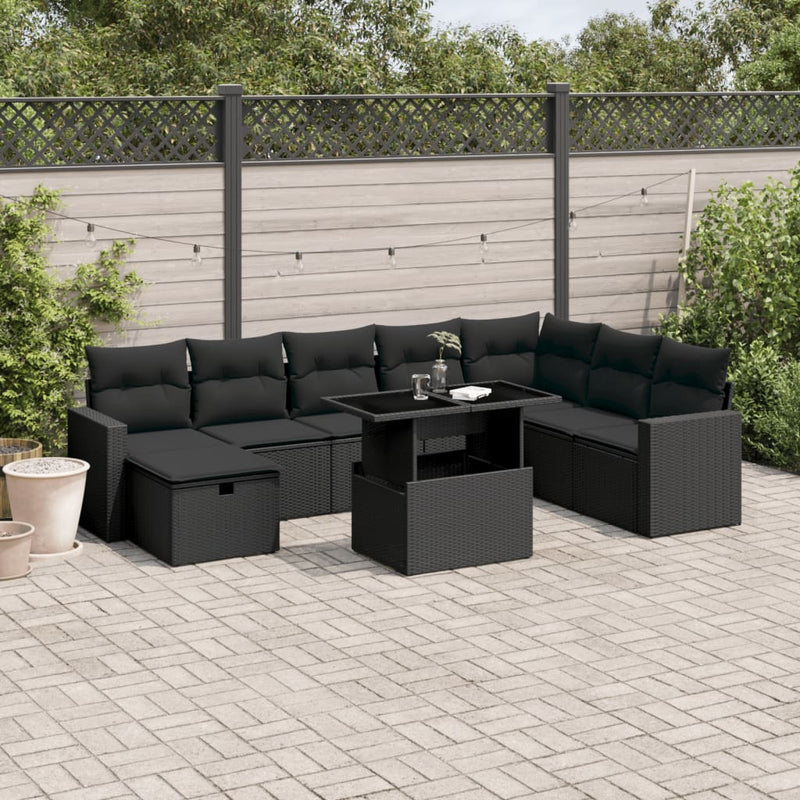 vidaXL 9 Piece Garden Sofa Set with Cushions Black Poly Rattan