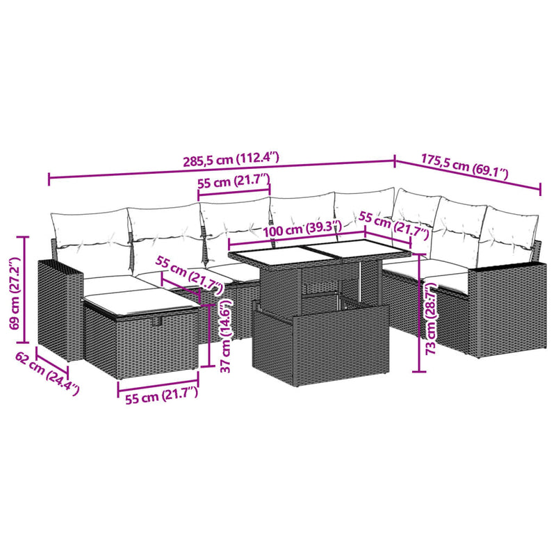 vidaXL 9 Piece Garden Sofa Set with Cushions Grey Poly Rattan
