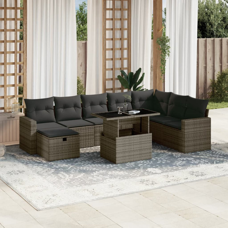 vidaXL 9 Piece Garden Sofa Set with Cushions Grey Poly Rattan