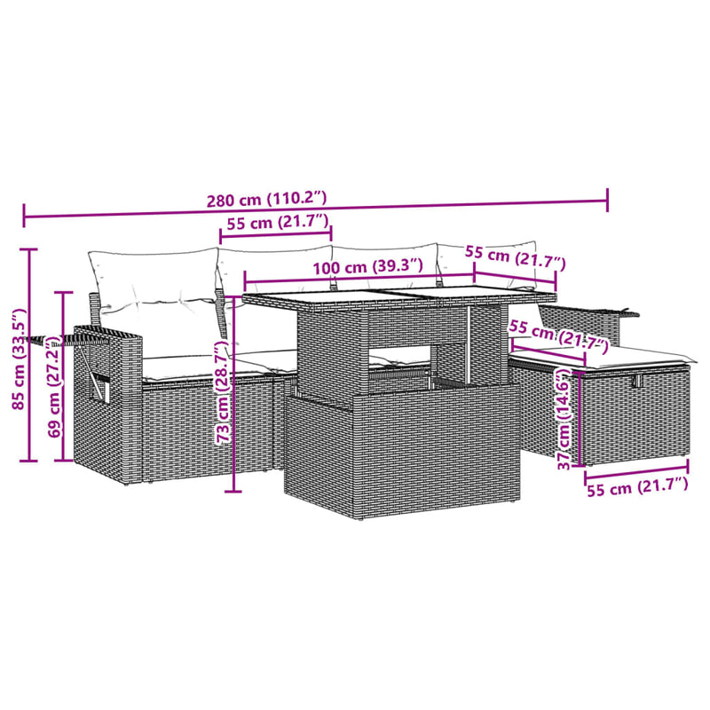 vidaXL 6 Piece Garden Sofa Set with Cushions Grey Poly Rattan
