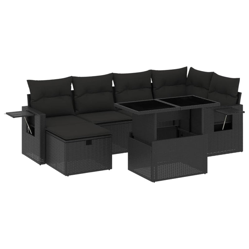 vidaXL 7 Piece Garden Sofa Set with Cushions Black Poly Rattan