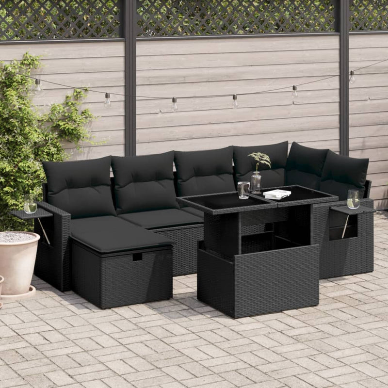 vidaXL 7 Piece Garden Sofa Set with Cushions Black Poly Rattan