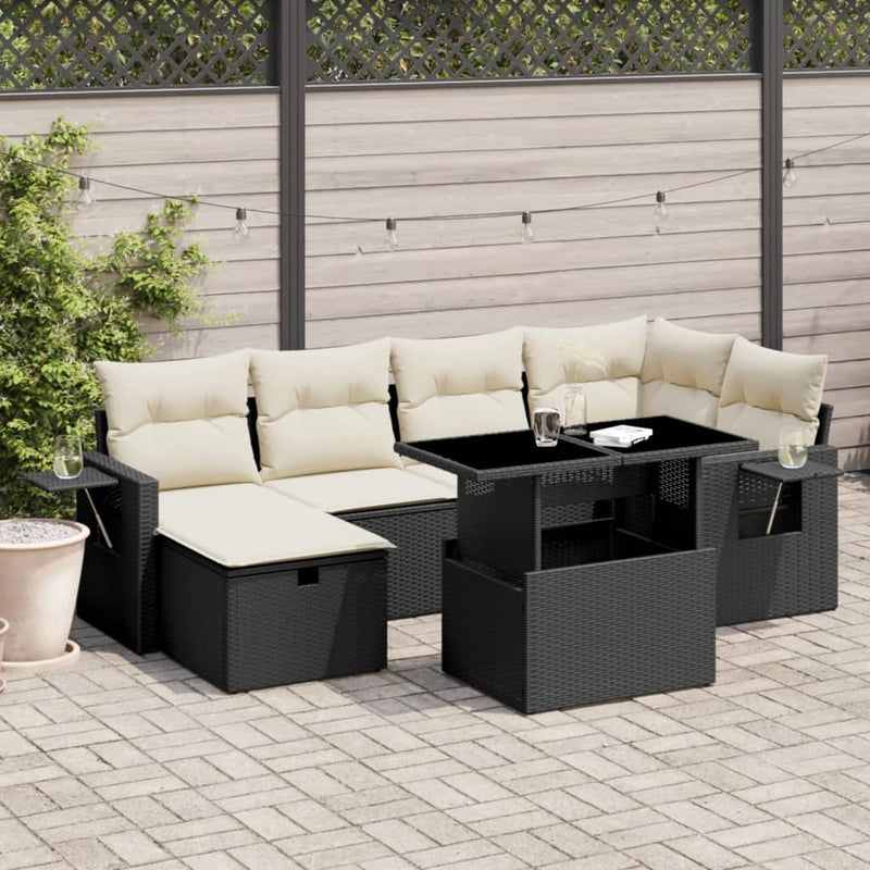 vidaXL 7 Piece Garden Sofa Set with Cushions Black Poly Rattan