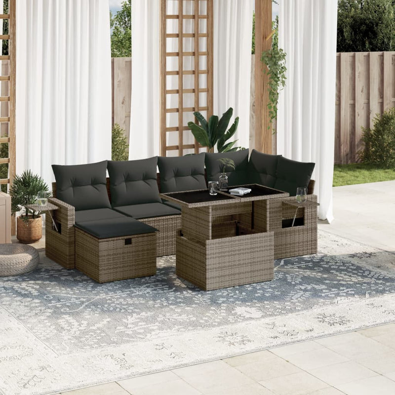 vidaXL 7 Piece Garden Sofa Set with Cushions Grey Poly Rattan