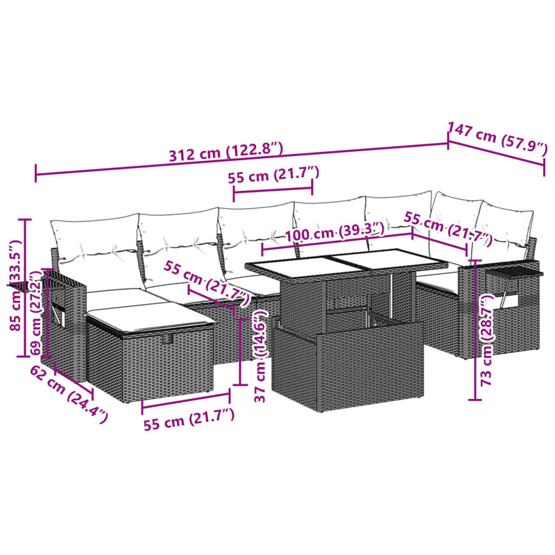 vidaXL 8 Piece Garden Sofa Set with Cushions Grey Poly Rattan