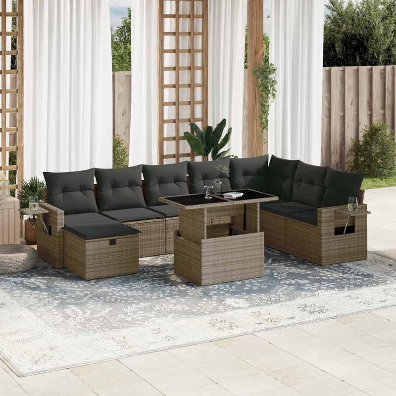 vidaXL 9 Piece Garden Sofa Set with Cushions Grey Poly Rattan