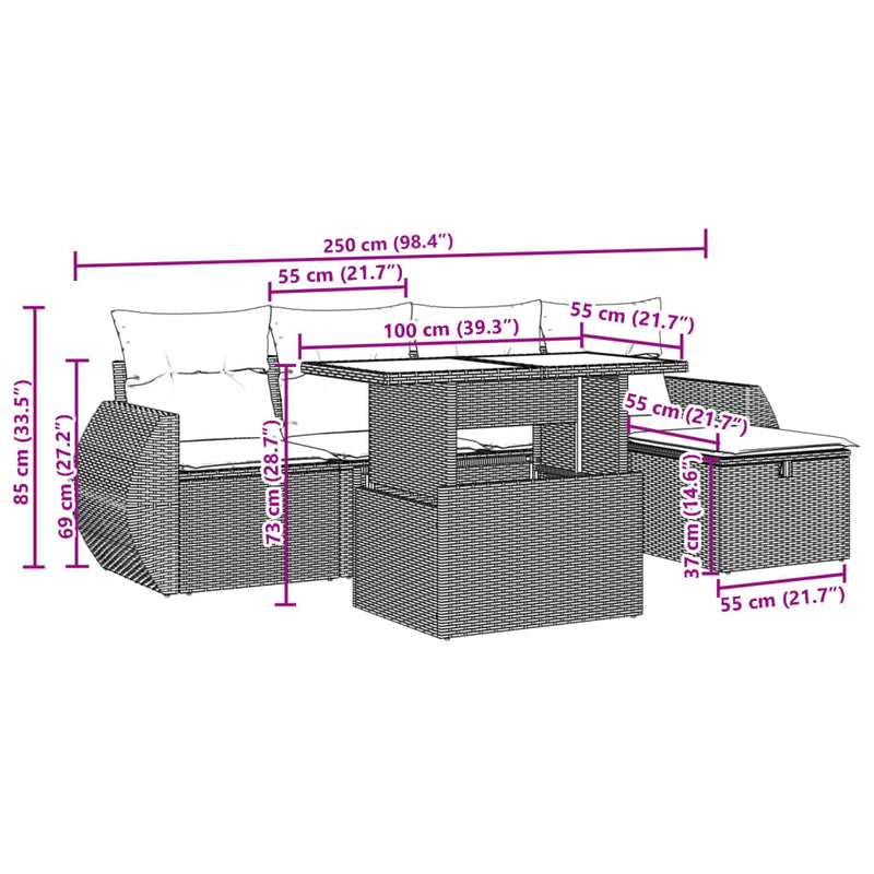 vidaXL 6 Piece Garden Sofa Set with Cushions Grey Poly Rattan