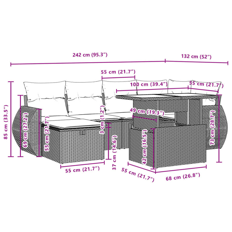 vidaXL 7 Piece Garden Sofa Set with Cushions Grey Poly Rattan