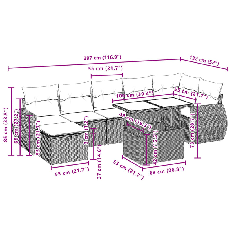 vidaXL 8 Piece Garden Sofa Set with Cushions Grey Poly Rattan