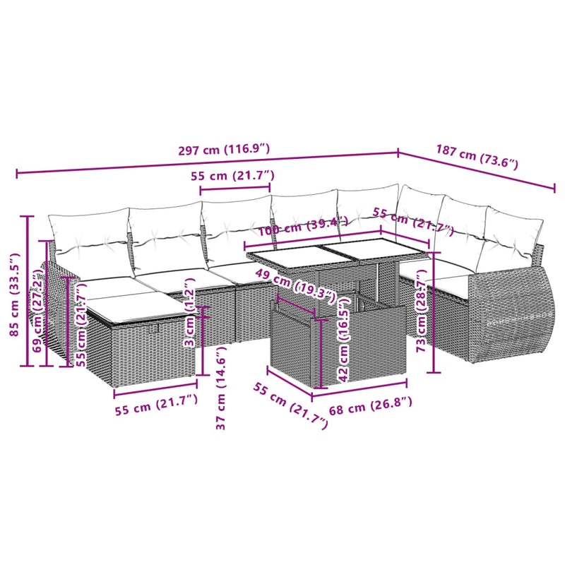 vidaXL 9 Piece Garden Sofa Set with Cushions Grey Poly Rattan