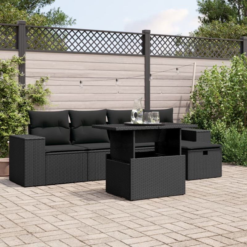 vidaXL 6 Piece Garden Sofa Set with Cushions Black Poly Rattan