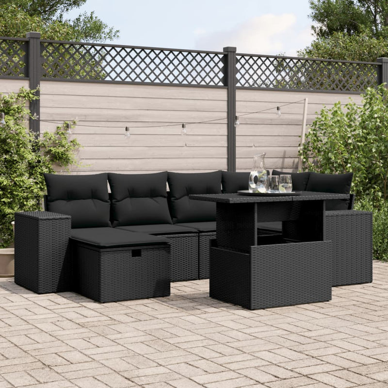 vidaXL 7 Piece Garden Sofa Set with Cushions Black Poly Rattan