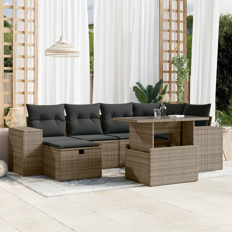 7 Piece Garden Sofa Set with Cushions Grey Poly Rattan