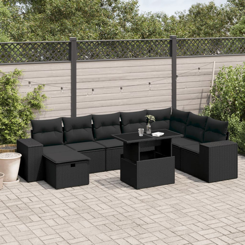 vidaXL 9 Piece Garden Sofa Set with Cushions Black Poly Rattan