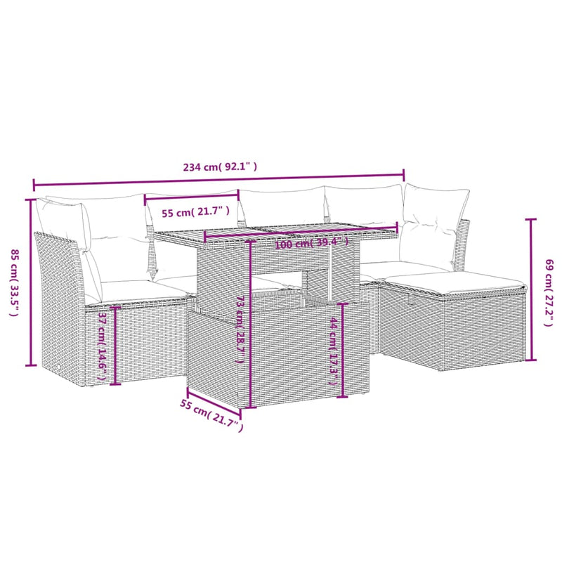 vidaXL 6 Piece Garden Sofa Set with Cushions Grey Poly Rattan