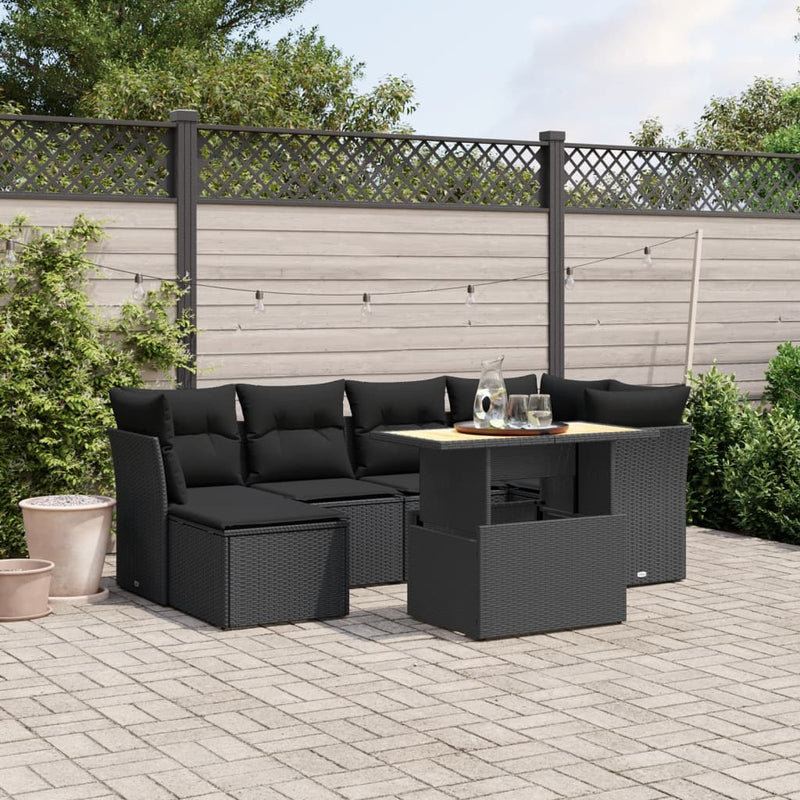 vidaXL 7 Piece Garden Sofa Set with Cushions Black Poly Rattan