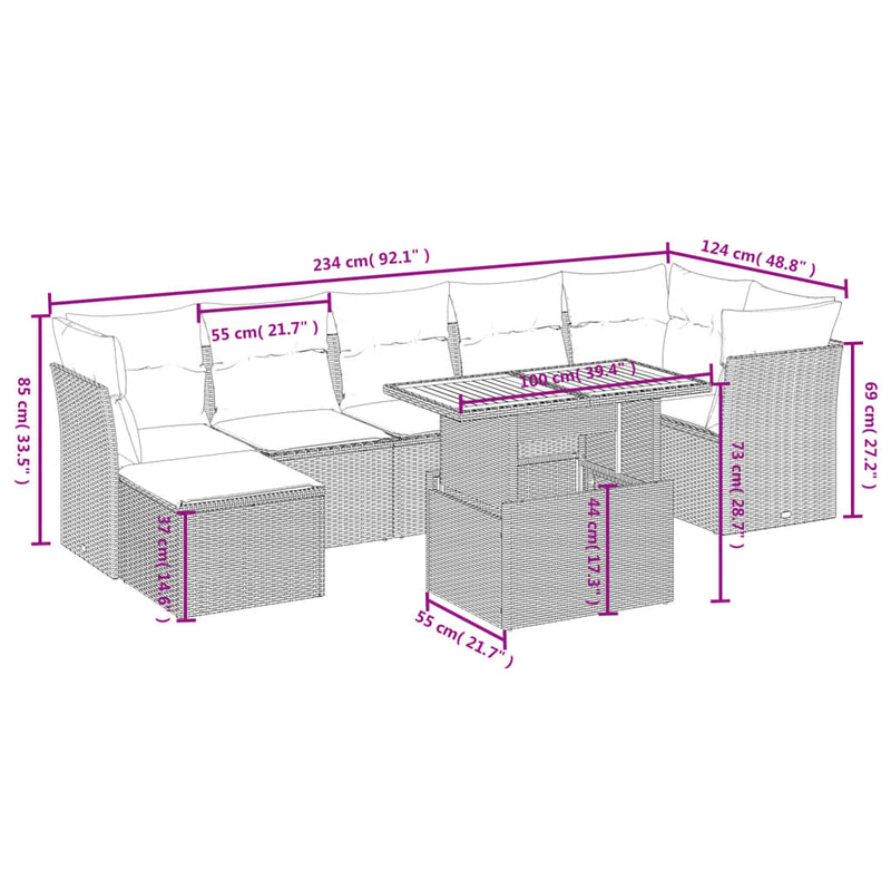 vidaXL 8 Piece Garden Sofa Set with Cushions Grey Poly Rattan