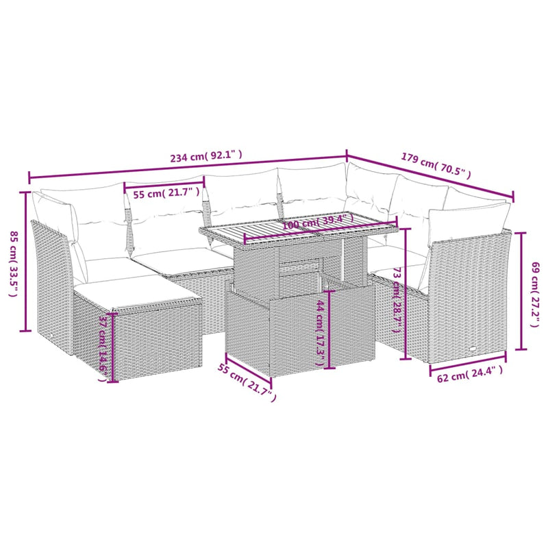 vidaXL 8 Piece Garden Sofa Set with Cushions Grey Poly Rattan