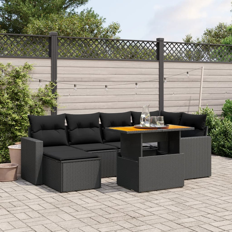 vidaXL 7 Piece Garden Sofa Set with Cushions Black Poly Rattan
