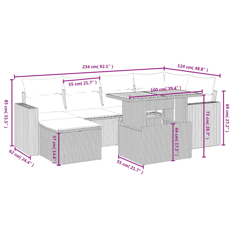 vidaXL 7 Piece Garden Sofa Set with Cushions Grey Poly Rattan