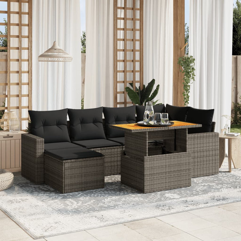 7 Piece Garden Sofa Set with Cushions Grey Poly Rattan