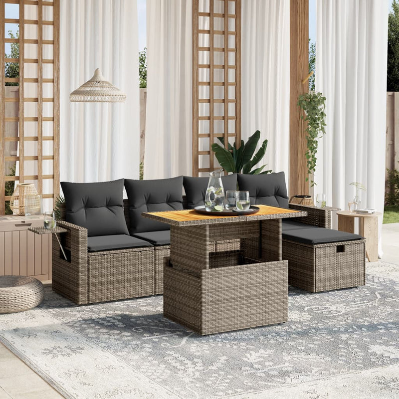 vidaXL 6 Piece Garden Sofa Set with Cushions Grey Poly Rattan